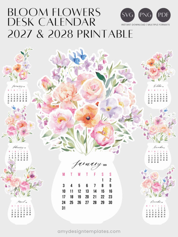 Sweet Watercolor Flowers DIY Desk Calendar Printable | Botanical Monthly Cards 2027 2028 | Desk Planner Paper Craft Calendar