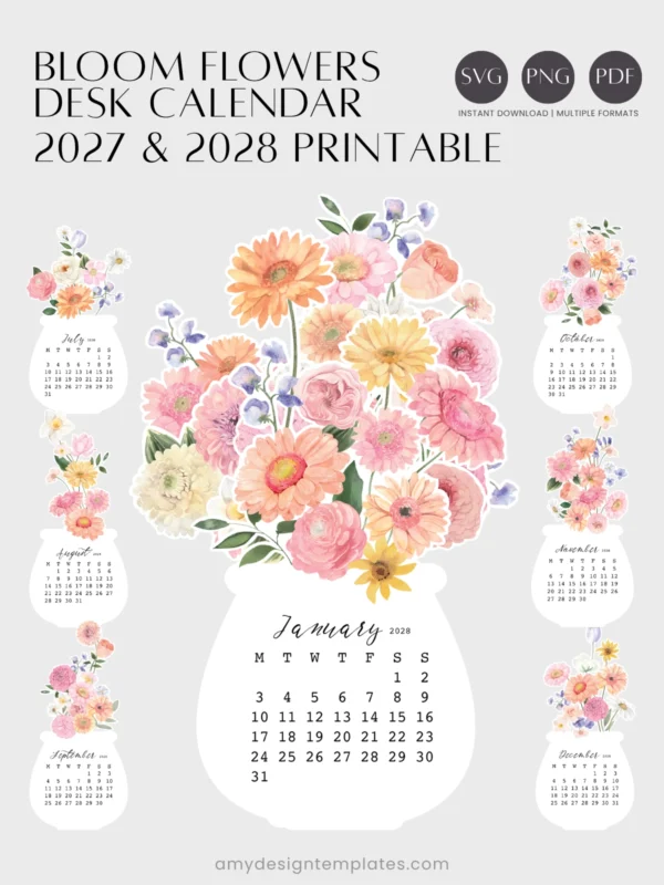 Watercolor Gerbera Dahlia Jar Desk Calendar Printable Desk Planner | Floral Bouquet Monthly Cards Cutting Machine SVG | Calendar 2027 2028