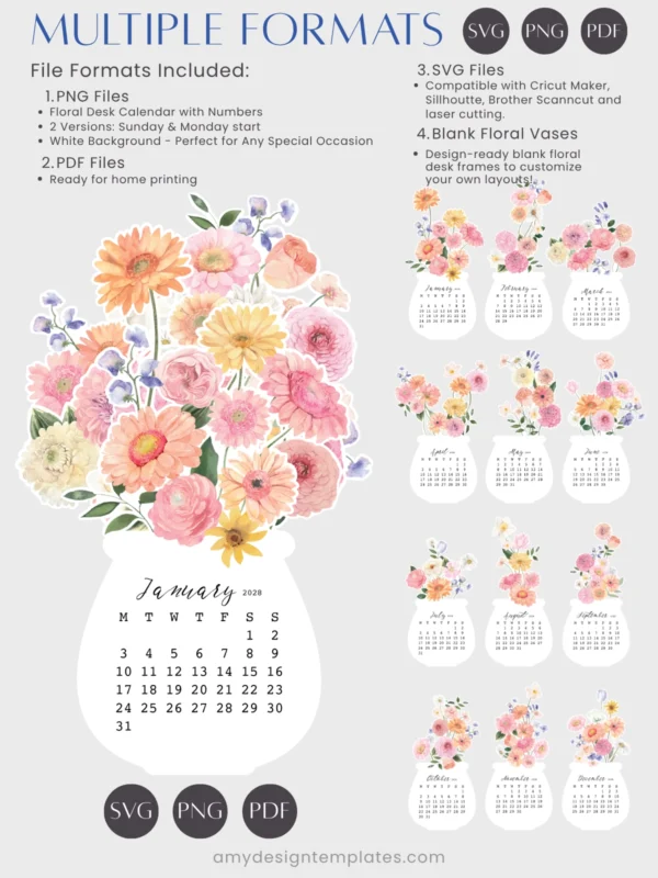 Watercolor Gerbera Dahlia Jar Desk Calendar Printable Desk Planner | Floral Bouquet Monthly Cards Cutting Machine SVG | Calendar 2027 2028 Watercolor Gerbera Dahlia Jar Desk Calendar Printable Desk Planner | Floral Bouquet Monthly Cards Cutting Machine SVG | Calendar 2027 2028