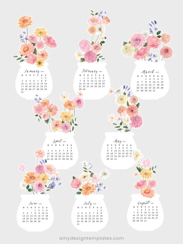 Watercolor Gerbera Dahlia Jar Desk Calendar Printable Desk Planner | Floral Bouquet Monthly Cards Cutting Machine SVG | Calendar 2027 2028 Watercolor Gerbera Dahlia Jar Desk Calendar Printable Desk Planner | Floral Bouquet Monthly Cards Cutting Machine SVG | Calendar 2027 2028
