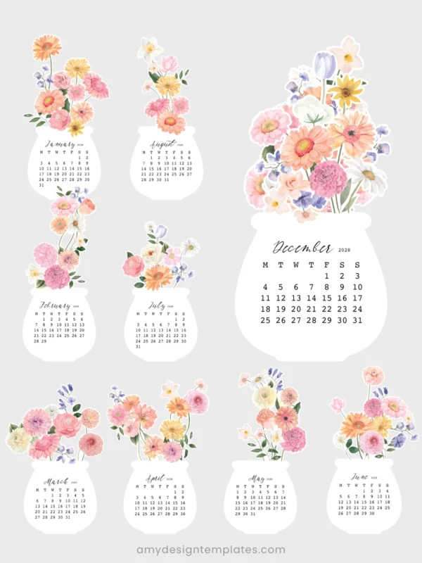 Watercolor Gerbera Dahlia Jar Desk Calendar Printable Desk Planner | Floral Bouquet Monthly Cards Cutting Machine SVG | Calendar 2027 2028 Watercolor Gerbera Dahlia Jar Desk Calendar Printable Desk Planner | Floral Bouquet Monthly Cards Cutting Machine SVG | Calendar 2027 2028