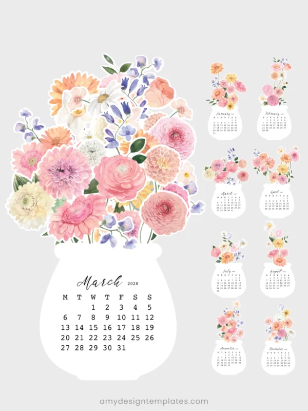 Watercolor Gerbera Dahlia Jar Desk Calendar Printable Desk Planner | Floral Bouquet Monthly Cards Cutting Machine SVG | Calendar 2027 2028
