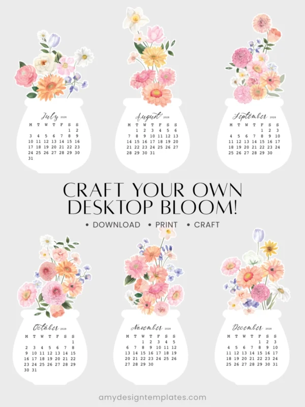 Watercolor Gerbera Dahlia Jar Desk Calendar Printable Desk Planner | Floral Bouquet Monthly Cards Cutting Machine SVG | Calendar 2027 2028 Watercolor Gerbera Dahlia Jar Desk Calendar Printable Desk Planner | Floral Bouquet Monthly Cards Cutting Machine SVG | Calendar 2027 2028