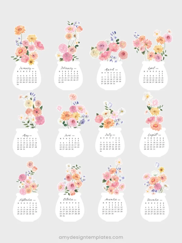 Watercolor Gerbera Dahlia Jar Desk Calendar Printable Desk Planner | Floral Bouquet Monthly Cards Cutting Machine SVG | Calendar 2027 2028 Watercolor Gerbera Dahlia Jar Desk Calendar Printable Desk Planner | Floral Bouquet Monthly Cards Cutting Machine SVG | Calendar 2027 2028