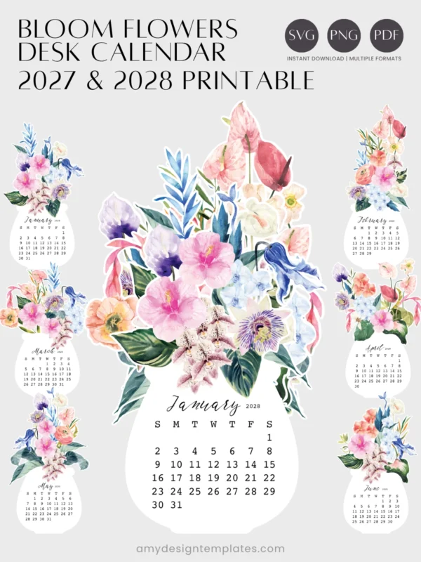 Watercolor Hibiscus Desk Calendar Printable Monthly Planner DIY | Tropical Botanical Monthly Desk Decor 2027 2028 Calendar