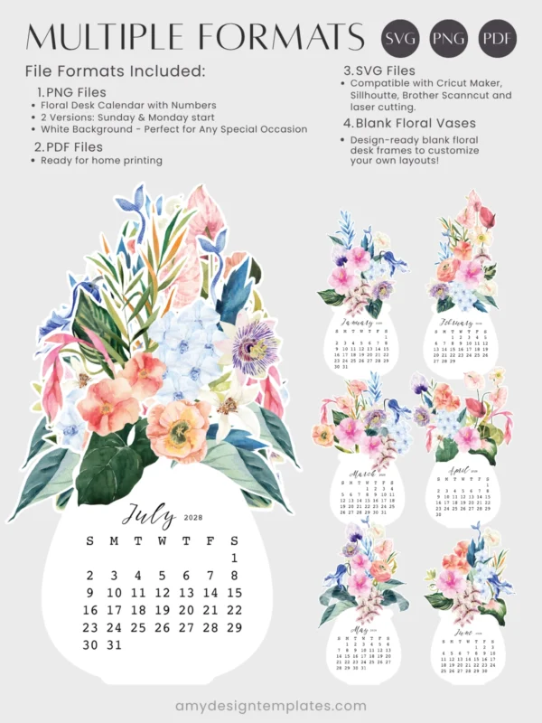 Watercolor Hibiscus Desk Calendar Printable Monthly Planner DIY | Tropical Botanical Monthly Desk Decor 2027 2028 Calendar