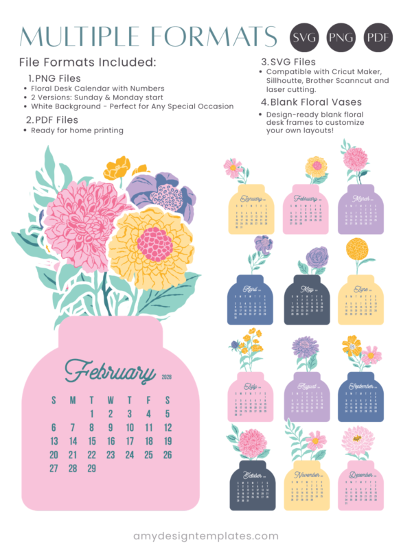 Pastel Peony Dahlia Jar Desk Calendar Monthly Printable Card | Floral Bouquet Monthly Calendar 2027 2028 | Retro Glass Jar Aesthetic Office Decor