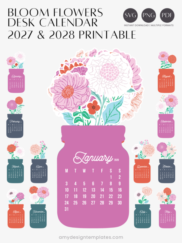 Floral Mason Jar Desk Calendar Monthly Printable Digital Download | Floral Bouquet Planner Monthly Cards 2027 2028 | Retro Glass Jar Aesthetic Office Decor