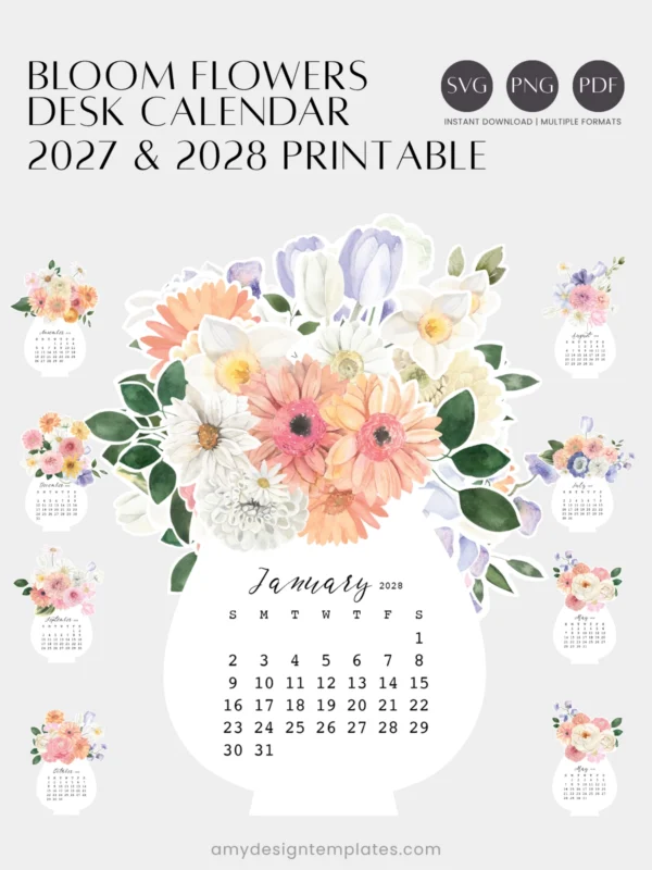 Pastel Dahlia Peony Vase Desk Calendar Planner Printable | Spring Floral Bouquet Monthly Cards 2027 2028 | Aesthetic Desk Accessories