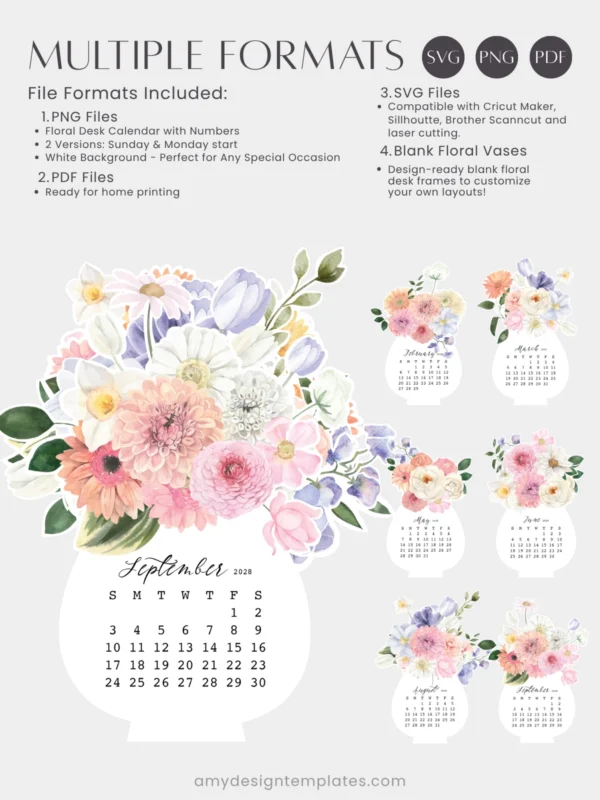 Pastel Dahlia Peony Vase Desk Calendar Planner Printable | Spring Floral Bouquet Monthly Cards 2027 2028 | Aesthetic Desk Accessories