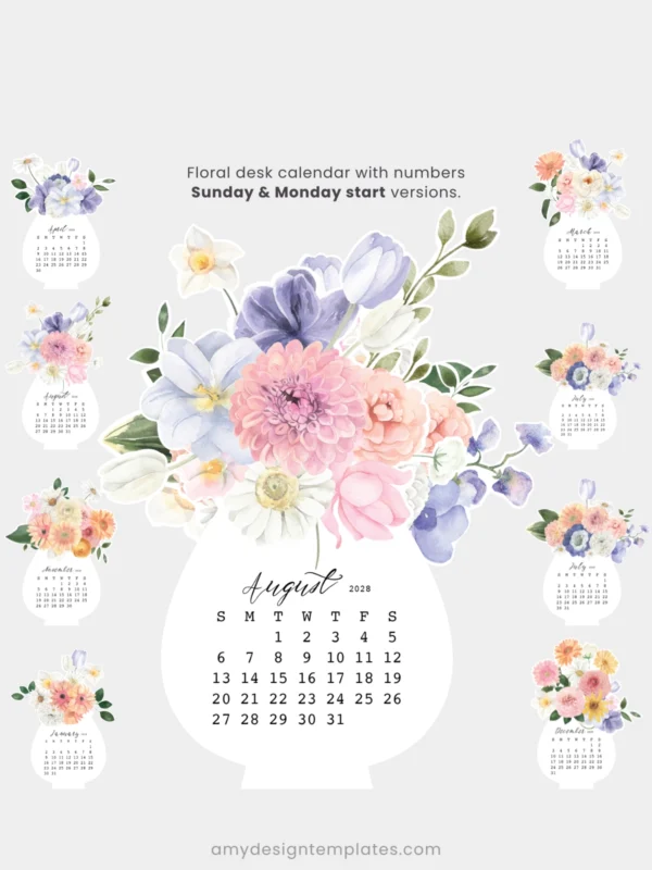 Pastel Dahlia Peony Vase Desk Calendar Planner Printable | Spring Floral Bouquet Monthly Cards 2027 2028 | Aesthetic Desk Accessories Pastel Dahlia Peony Vase Desk Calendar Planner Printable | Spring Floral Bouquet Monthly Cards 2027 2028 | Aesthetic Desk Accessories