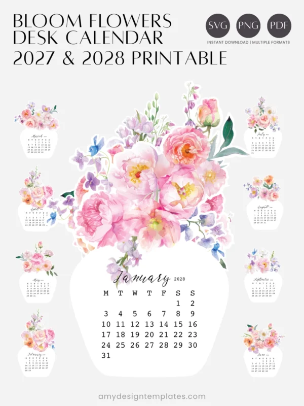 Watercolor Pink Flowers Vase Desk Calendar Digital Download | Romantic Floral Monthly Cards Printable 2027 2028