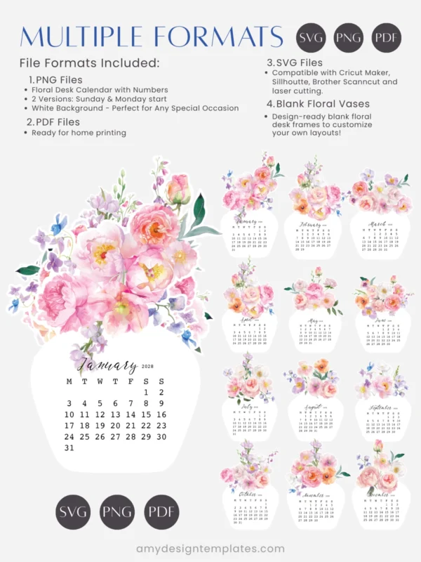 Watercolor Pink Flowers Vase Desk Calendar Digital Download | Romantic Floral Monthly Cards Printable 2027 2028 Watercolor Pink Flowers Vase Desk Calendar Digital Download | Romantic Floral Monthly Cards Printable 2027 2028