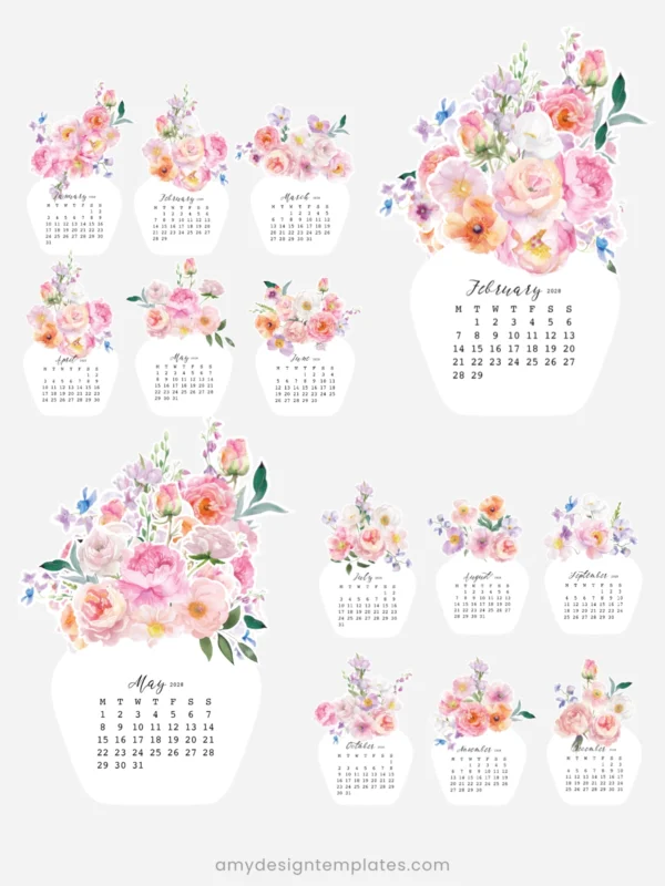 Watercolor Pink Flowers Vase Desk Calendar Digital Download | Romantic Floral Monthly Cards Printable 2027 2028 Watercolor Pink Flowers Vase Desk Calendar Digital Download | Romantic Floral Monthly Cards Printable 2027 2028