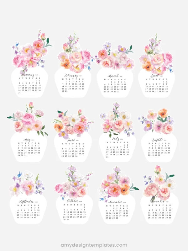 Watercolor Pink Flowers Vase Desk Calendar Digital Download | Romantic Floral Monthly Cards Printable 2027 2028 Watercolor Pink Flowers Vase Desk Calendar Digital Download | Romantic Floral Monthly Cards Printable 2027 2028