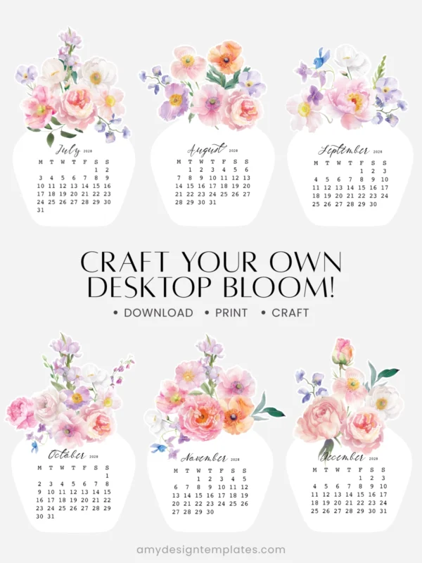 Watercolor Pink Flowers Vase Desk Calendar Digital Download | Romantic Floral Monthly Cards Printable 2027 2028
