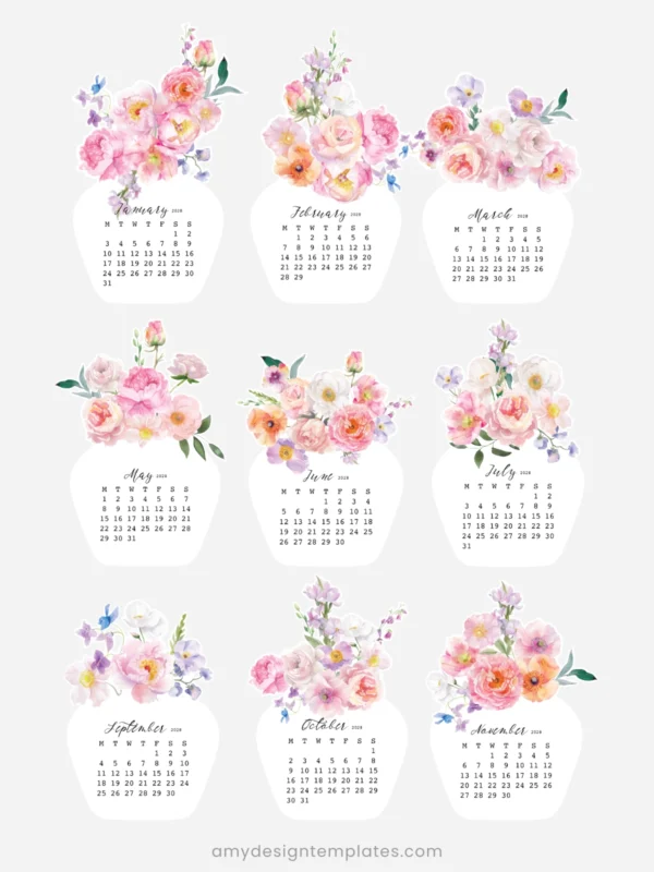 Watercolor Pink Flowers Vase Desk Calendar Digital Download | Romantic Floral Monthly Cards Printable 2027 2028 Watercolor Pink Flowers Vase Desk Calendar Digital Download | Romantic Floral Monthly Cards Printable 2027 2028