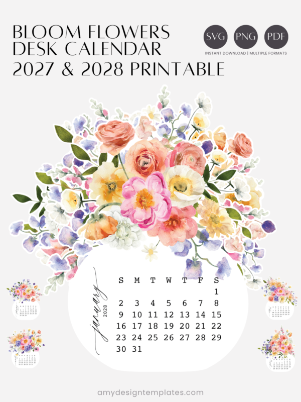 Bright Bouquet Floral Vase Desk Calendar Monthly Planner Printable | 2027 2028 Desk Calendar Decor Accessories