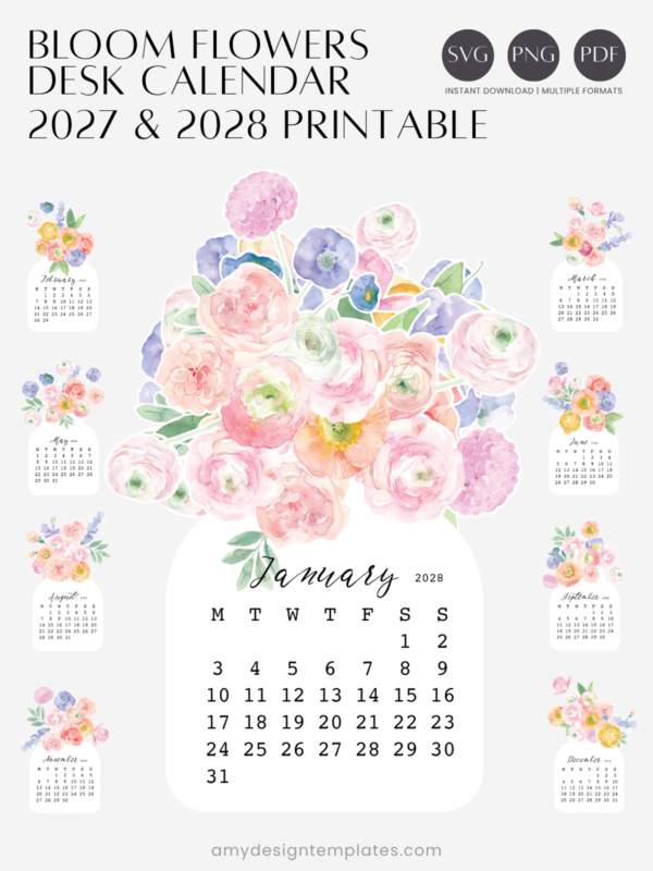 Pastel Ranunculus Vase Desk Calendar Monthly Printable | 2027 2028 Monthly Cards Digital Download | Soft Floral Bouquet
