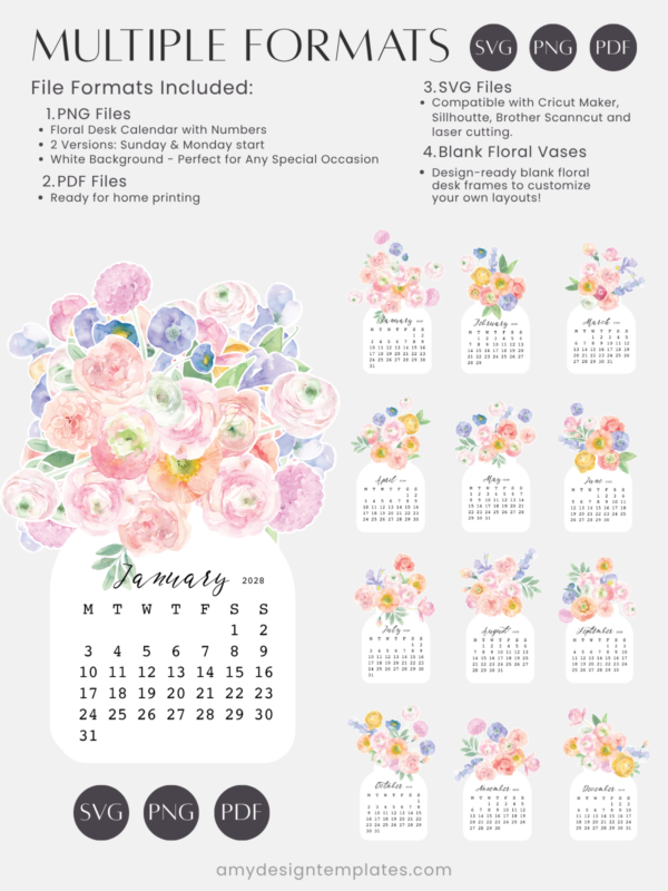 Pastel Ranunculus Vase Desk Calendar Monthly Printable | 2027 2028 Monthly Cards Digital Download | Soft Floral Bouquet Pastel Ranunculus Vase Desk Calendar Monthly Printable | 2027 2028 Monthly Cards Digital Download | Soft Floral Bouquet