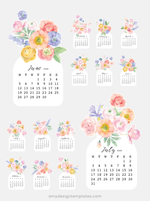 Pastel Ranunculus Vase Desk Calendar Monthly Printable | 2027 2028 Monthly Cards Digital Download | Soft Floral Bouquet Pastel Ranunculus Vase Desk Calendar Monthly Printable | 2027 2028 Monthly Cards Digital Download | Soft Floral Bouquet