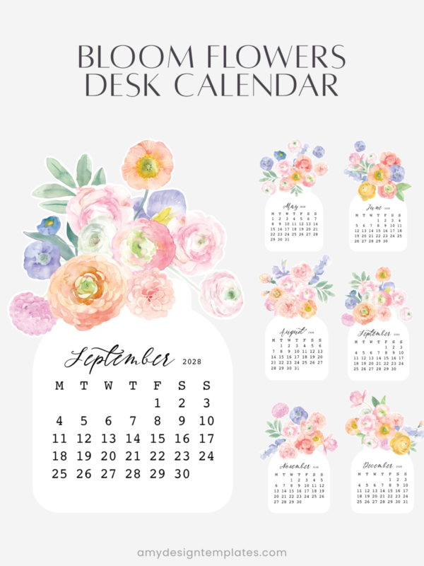 Pastel Ranunculus Vase Desk Calendar Monthly Printable | 2027 2028 Monthly Cards Digital Download | Soft Floral Bouquet Pastel Ranunculus Vase Desk Calendar Monthly Printable | 2027 2028 Monthly Cards Digital Download | Soft Floral Bouquet