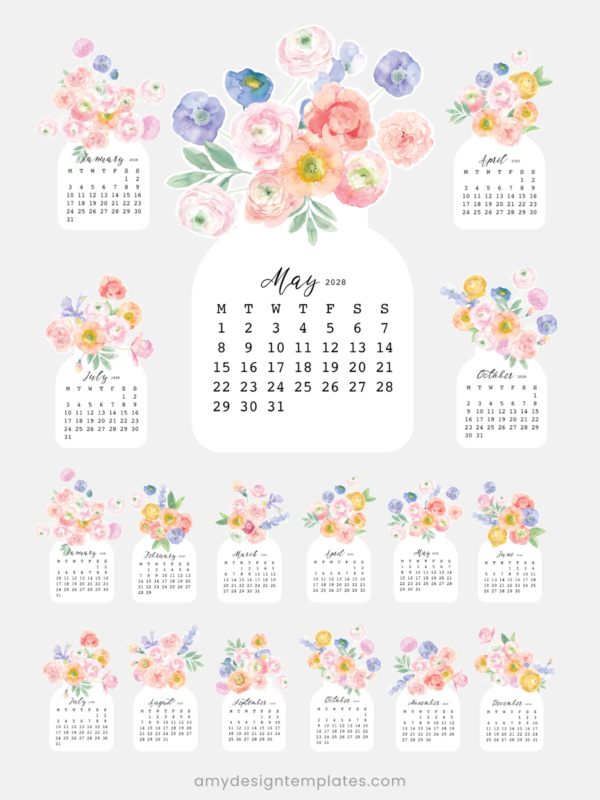 Pastel Ranunculus Vase Desk Calendar Monthly Printable | 2027 2028 Monthly Cards Digital Download | Soft Floral Bouquet Pastel Ranunculus Vase Desk Calendar Monthly Printable | 2027 2028 Monthly Cards Digital Download | Soft Floral Bouquet