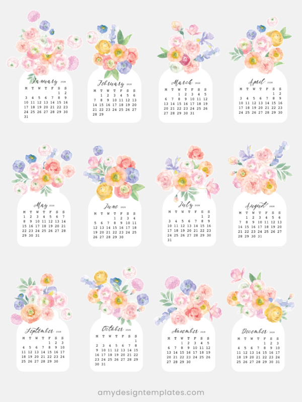 Pastel Ranunculus Vase Desk Calendar Monthly Printable | 2027 2028 Monthly Cards Digital Download | Soft Floral Bouquet