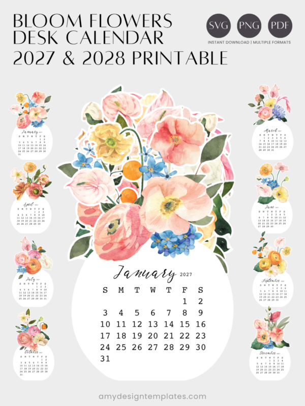 Watercolor Blooming Vase Desk Calendar Printable Paper Craft DIY | Flower Bouquet Monthly Cards Planner 2027 2028 Digital Download
