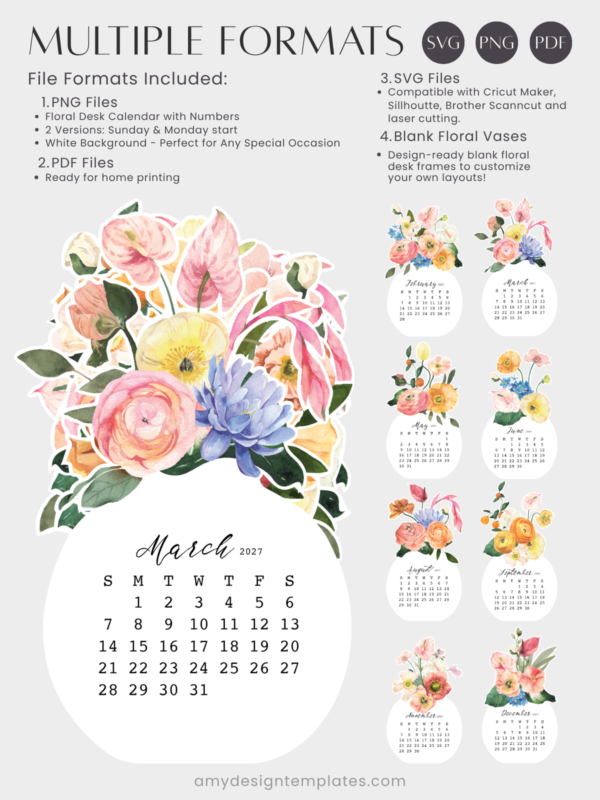 Watercolor Blooming Vase Desk Calendar Printable Paper Craft DIY | Flower Bouquet Monthly Cards Planner 2027 2028 Digital Download