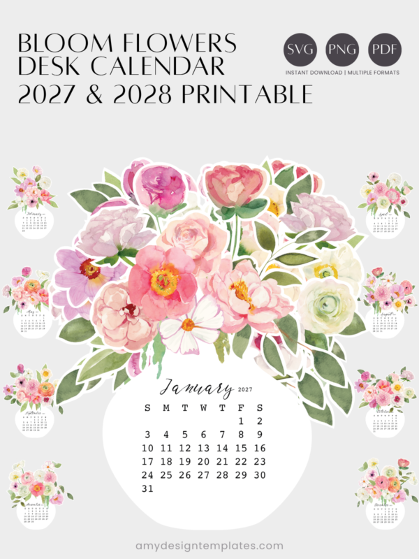 Watercolor Pink Peonies Floral Vase Desk Planner Calendar Printable | Soft Botanical Flower Bouquet Calendar Monthly PDF PNG JPEG 2027 2028
