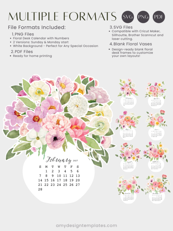 Watercolor Pink Peonies Floral Vase Desk Planner Calendar Printable | Soft Botanical Flower Bouquet Calendar Monthly PDF PNG JPEG 2027 2028 Watercolor Pink Peonies Floral Vase Desk Planner Calendar Printable | Soft Botanical Flower Bouquet Calendar Monthly PDF PNG JPEG 2027 2028