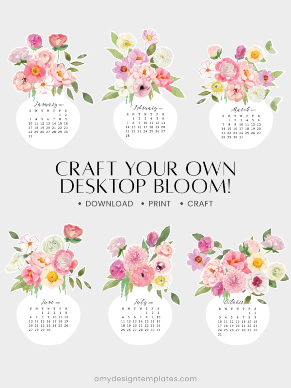 Watercolor Pink Peonies Floral Vase Desk Planner Calendar Printable | Soft Botanical Flower Bouquet Calendar Monthly PDF PNG JPEG 2027 2028