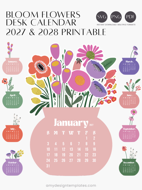 Colorful Botanical Floral Vase Desk Calendar Planner Monthly Printable | Abstract Flowers Bouquet Monthly Calendar Cards