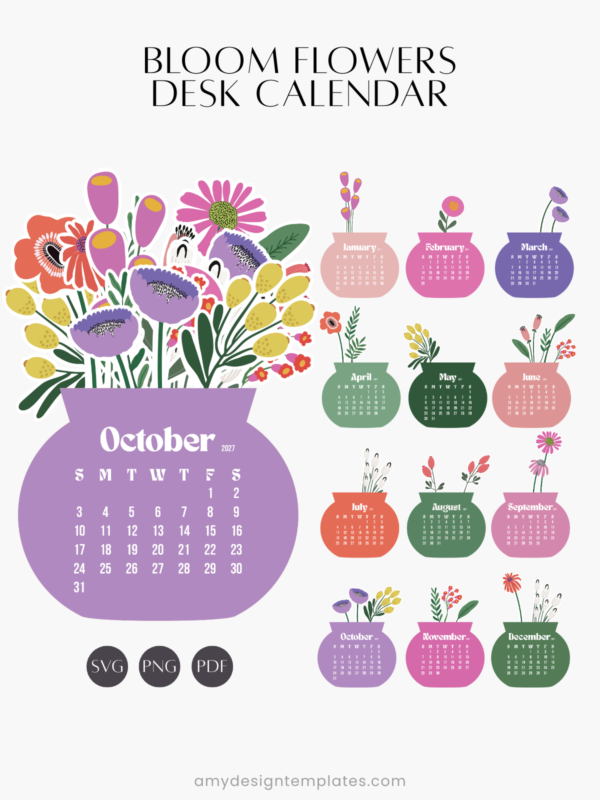 Colorful Botanical Floral Vase Desk Calendar Planner Monthly Printable | Abstract Flowers Bouquet Monthly Calendar Cards