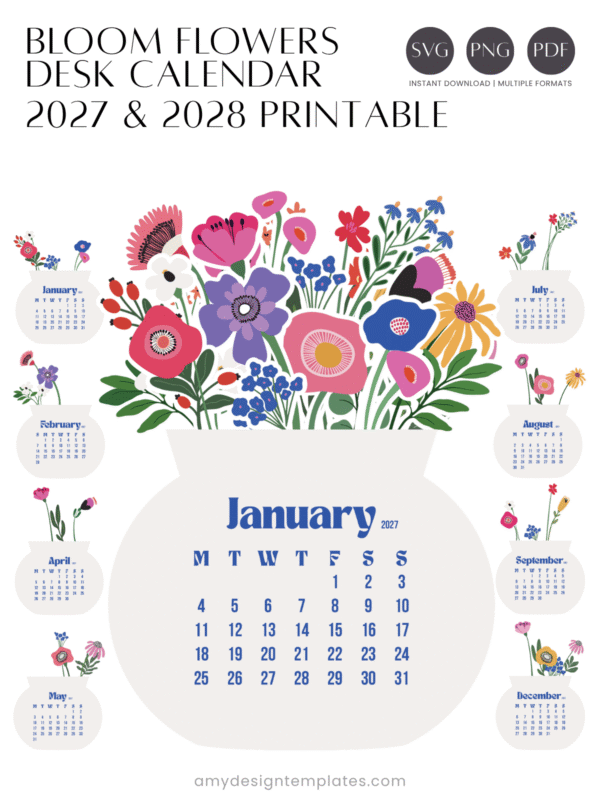Minimalist Floral Vase Desk Calendar Printable PNG PDF | Flowers Bouquet Calendar Monthly Cards 2027 2028 | Office Decor Stationery Set