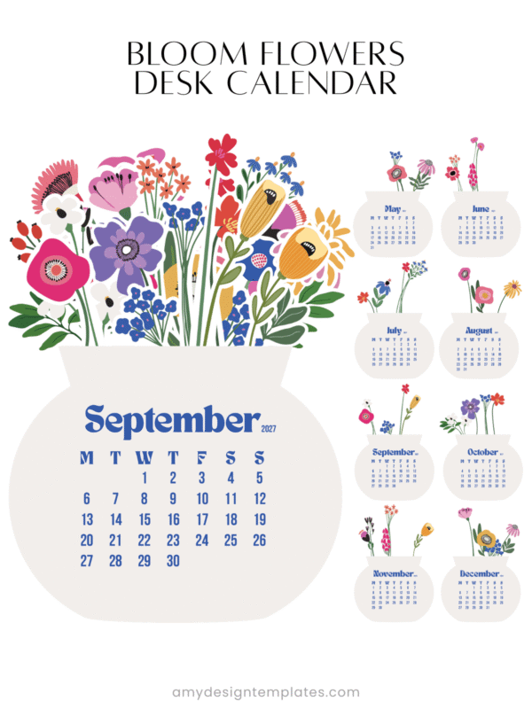 Minimalist Floral Vase Desk Calendar Printable PNG PDF | Flowers Bouquet Calendar Monthly Cards 2027 2028 | Office Decor Stationery Set