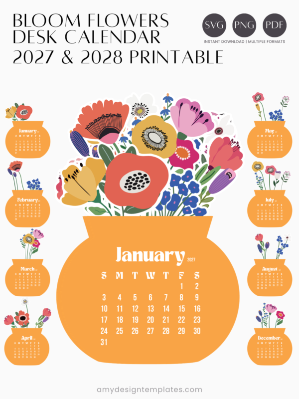 Printable Floral Vase Desk Monthly Calendar | Vibrant Orange Flower Bouquet Calendar 2027 2028 | Desktop Bloom Set PNG PDF SVG