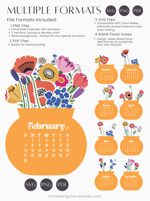 Printable Floral Vase Desk Monthly Calendar | Vibrant Orange Flower Bouquet Calendar 2027 2028 | Desktop Bloom Set PNG PDF SVG
