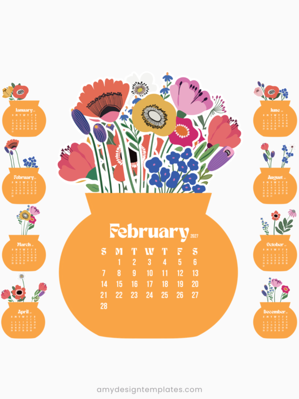 Printable Floral Vase Desk Monthly Calendar | Vibrant Orange Flower Bouquet Calendar 2027 2028 | Desktop Bloom Set PNG PDF SVG Printable Floral Vase Desk Monthly Calendar | Vibrant Orange Flower Bouquet Calendar 2027 2028 | Desktop Bloom Set PNG PDF SVG
