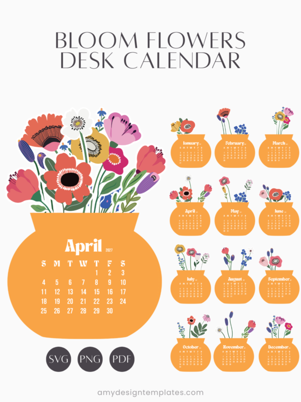Printable Floral Vase Desk Monthly Calendar | Vibrant Orange Flower Bouquet Calendar 2027 2028 | Desktop Bloom Set PNG PDF SVG Printable Floral Vase Desk Monthly Calendar | Vibrant Orange Flower Bouquet Calendar 2027 2028 | Desktop Bloom Set PNG PDF SVG