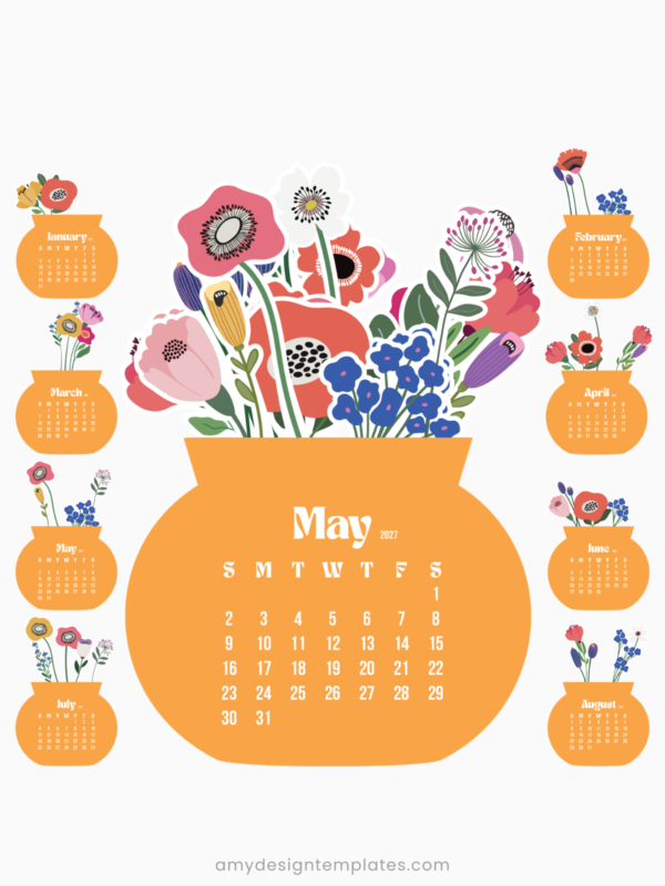 Printable Floral Vase Desk Monthly Calendar | Vibrant Orange Flower Bouquet Calendar 2027 2028 | Desktop Bloom Set PNG PDF SVG Printable Floral Vase Desk Monthly Calendar | Vibrant Orange Flower Bouquet Calendar 2027 2028 | Desktop Bloom Set PNG PDF SVG