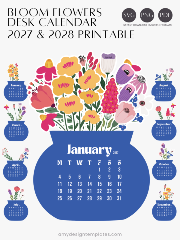 Floral Vase Desk Calendar Cut File PNG PDF SVG | Printable Flower Bouquet Monthly Calendar Template | Royal Blue Desktop Bloom Craft Planner