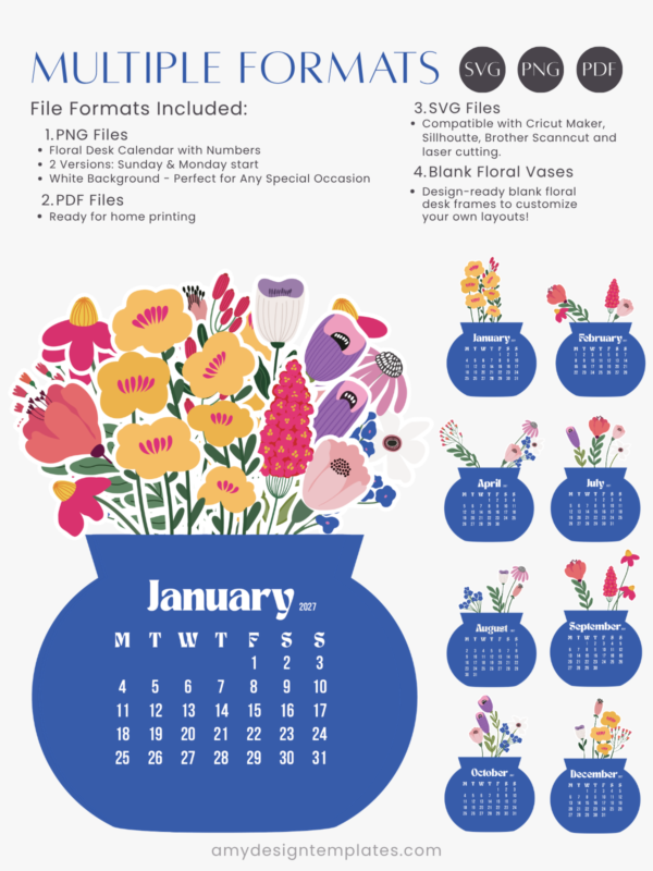 Floral Vase Desk Calendar Cut File PNG PDF SVG | Printable Flower Bouquet Monthly Calendar Template | Royal Blue Desktop Bloom Craft Planner
