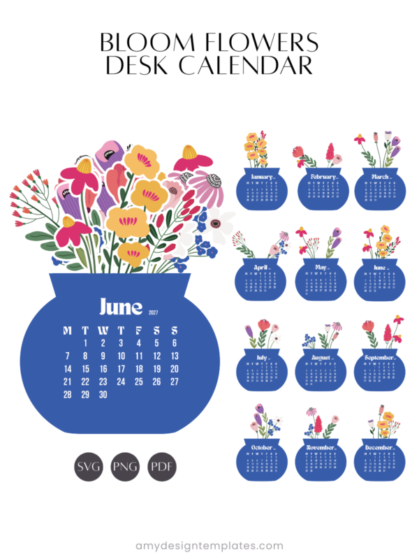 Floral Vase Desk Calendar Cut File PNG PDF SVG | Printable Flower Bouquet Monthly Calendar Template | Royal Blue Desktop Bloom Craft Planner Floral Vase Desk Calendar Cut File PNG PDF SVG | Printable Flower Bouquet Monthly Calendar Template | Royal Blue Desktop Bloom Craft Planner