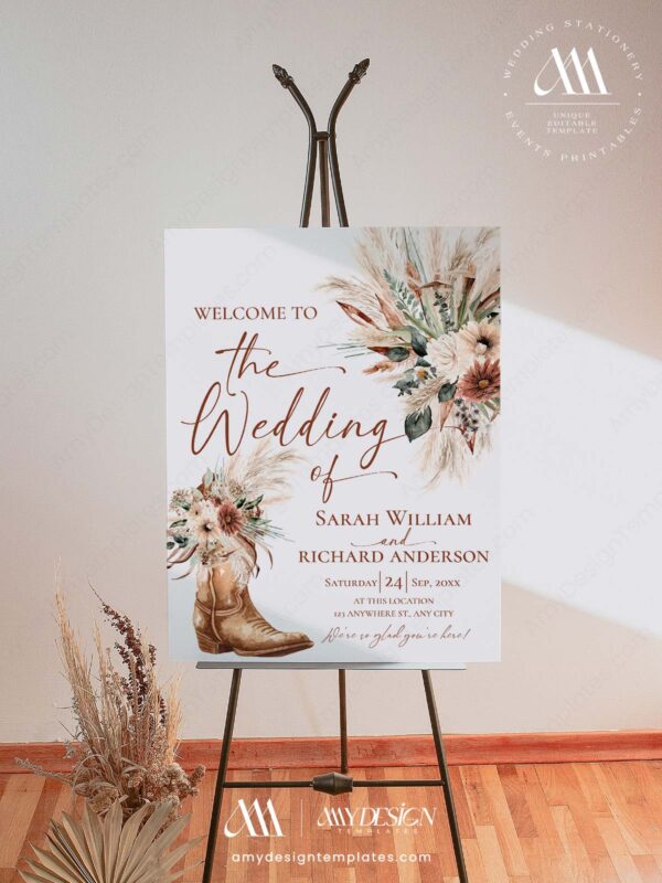 Western Boho Country Botanical Wedding Welcome Sign Template | Printable Cowgirl Boot White Dried Rose Pampas Grass Board | Editable White Vertical Entrance Display