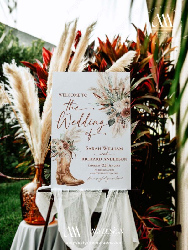 Western Boho Sage Green Wedding Welcome Sign Template | Printable Cowgirl Boot White Dried Rose Pampas Grass Board | Editable White Vertical Entrance Display Western Boho Country Botanical Wedding Welcome Sign Template | Printable Cowgirl Boot White Dried Rose Pampas Grass Board | Editable White Vertical Entrance Display