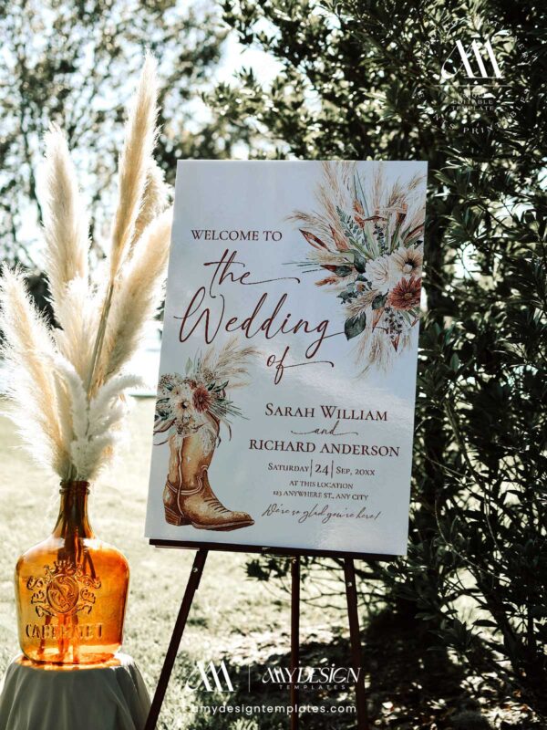 Western Boho Country Botanical Wedding Welcome Sign Template | Printable Cowgirl Boot White Dried Rose Pampas Grass Board | Editable White Vertical Entrance Display Western Boho Country Botanical Wedding Welcome Sign Template | Printable Cowgirl Boot White Dried Rose Pampas Grass Board | Editable White Vertical Entrance Display
