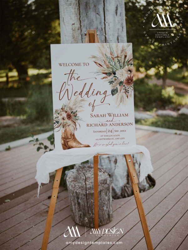 Western Boho Country Botanical Wedding Welcome Sign Template | Printable Cowgirl Boot White Dried Rose Pampas Grass Board | Editable White Vertical Entrance Display Western Boho Country Botanical Wedding Welcome Sign Template | Printable Cowgirl Boot White Dried Rose Pampas Grass Board | Editable White Vertical Entrance Display