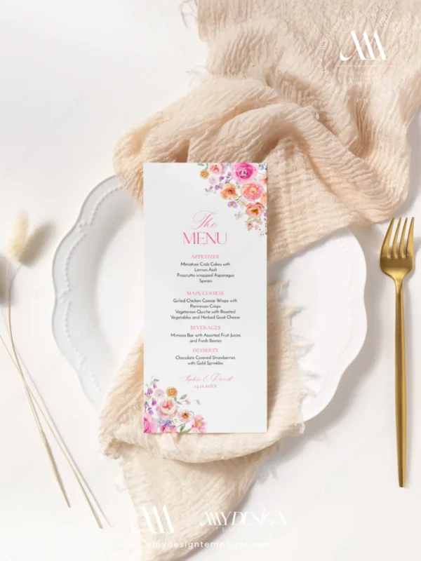 Spring Bloom Floral Wedding Invitation Template Bundle | 50+ Editable Colorful Wedding Stationery Templates Colorful Spring Bloom Floral Wedding Menu Card Template